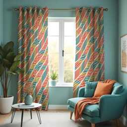 Modern Abstract Wave Curtains, Colorful Geometric Stripe Drapes in Orange, Teal & Mustard Tones, Retro Pattern Window Panels - thumbnail 3