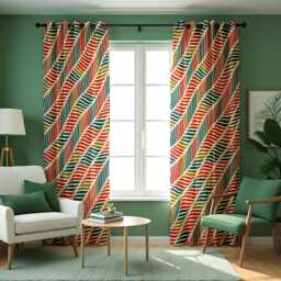 Modern Abstract Wave Curtains, Colorful Geometric Stripe Drapes in Orange, Teal & Mustard Tones, Retro Pattern Window Panels - thumbnail 2