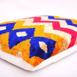 Multi Color Velvet Ikat Pillow Cover, Handloom Silk Cushion - thumbnail 2