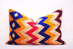 Multi Color Velvet Ikat Pillow Cover, Handloom Silk Cushion - thumbnail 1