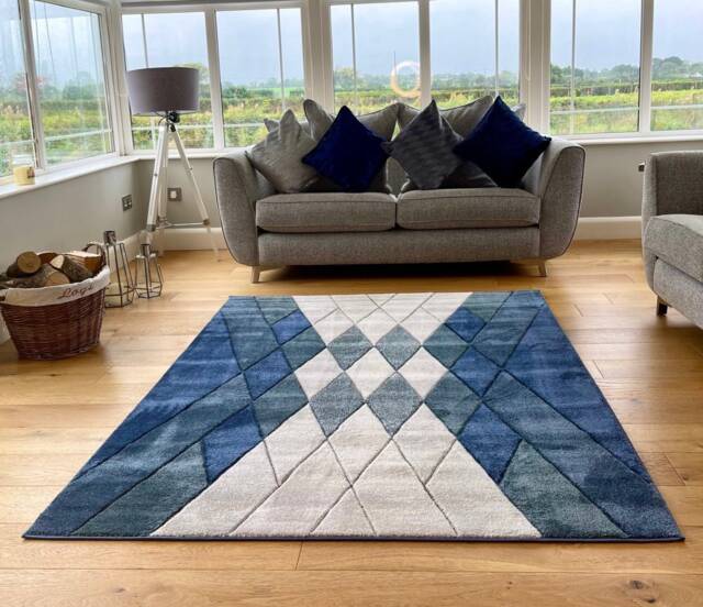 New Small Large Blue Silver Grey Argyle Design Area Rugs Mats - image 1