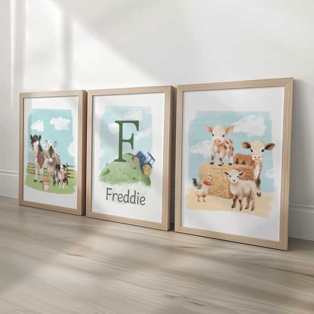 Personalised Farm Nursery Wall Prints For Boys Room, Set Of 3 Art, Animal Pictures, Playroom Posters, Barnyard Theme Decor - image 1
