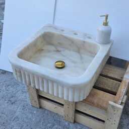 Calacatta Gold Marble Sink, Bathroom Wall Mount Powder Room Sink, Custom Size Sink - thumbnail 3