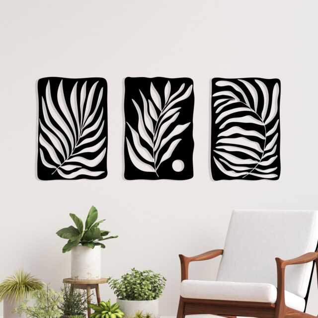Tropical Palm Leaf Metal Wall Art, Triptych 3 Piece Matte Black Steel Set - image 1