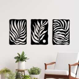 Tropical Palm Leaf Metal Wall Art, Triptych 3 Piece Matte Black Steel Set