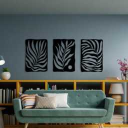 Tropical Palm Leaf Metal Wall Art, Triptych 3 Piece Matte Black Steel Set - thumbnail 4