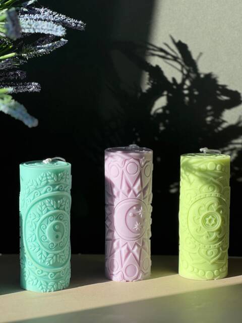 Mandala Yin & Yang Moon Star Pillar Candles - Unique Novelty Gift Gifting Candle Mind Spirituality - image 1