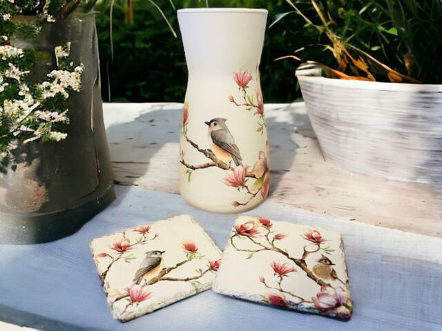 Vintage Style Bird & Flowers Vase Gift Set, & Flower Coasters, Themed Gifts, Vase, Coasters - image 1