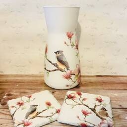 Vintage Style Bird & Flowers Vase Gift Set, & Flower Coasters, Themed Gifts, Vase, Coasters - thumbnail 3