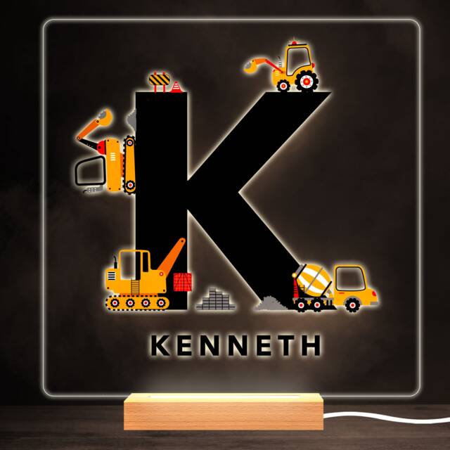 Construction Vehicles Alphabet Letter K Square Personalised Gift Night Light - Bedroom Lamp - image 1