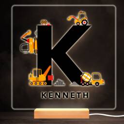 Construction Vehicles Alphabet Letter K Square Personalised Gift Night Light - Bedroom Lamp - thumbnail 1