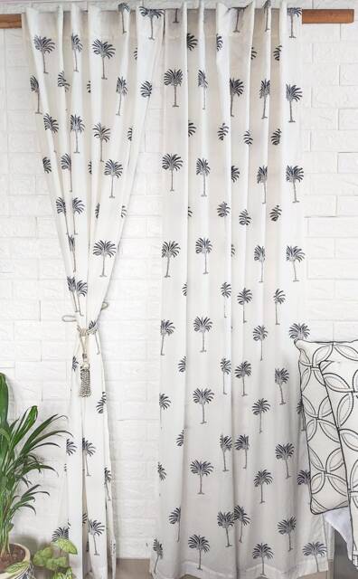 Palm Tree Print Curtains White Bohemian Sheer Voile Panels - Set Of 2 - image 1
