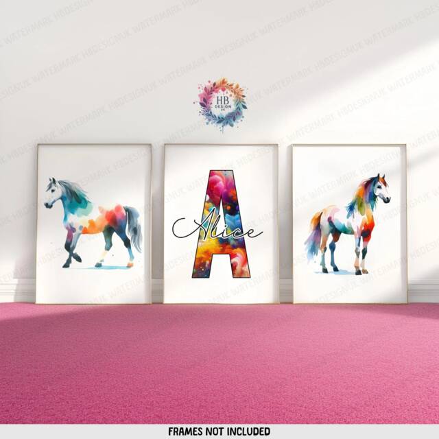 Custom Horse Wall Art - Set Of 3 Prints - Vibrant Pony Print Girl Bedroom Poster Kid Nursery Playroom Artwork Personalised Horsey Gift - image 1