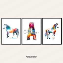 Custom Horse Wall Art - Set Of 3 Prints - Vibrant Pony Print Girl Bedroom Poster Kid Nursery Playroom Artwork Personalised Horsey Gift - thumbnail 2