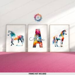 Custom Horse Wall Art - Set Of 3 Prints - Vibrant Pony Print Girl Bedroom Poster Kid Nursery Playroom Artwork Personalised Horsey Gift - thumbnail 1
