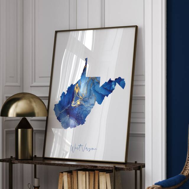West Virginia Map Blue & Gold Wall Art Print - Us State United States Of America Usa - image 1