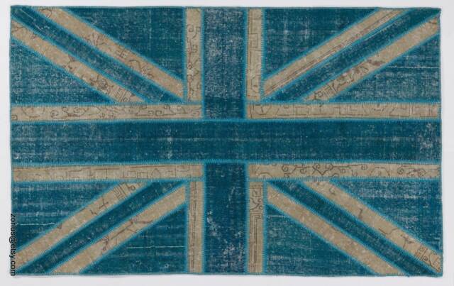 Union Jack Patchwork Rug Turquoise & Teal British Flag Design - image 1