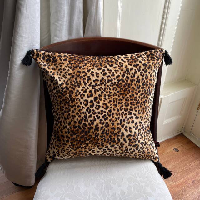 Leopard Print Velvet Cushion, Black Cotton Tassels, Animal Decor - image 1