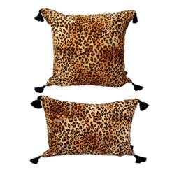 Leopard Print Velvet Cushion, Black Cotton Tassels, Animal Decor - thumbnail 2