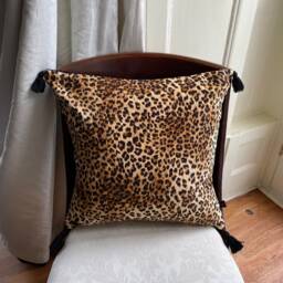 Leopard Print Velvet Cushion, Black Cotton Tassels, Animal Decor
