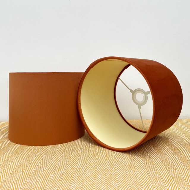 Burnt Orange Velvet Drum Lampshade, Double Sided Lampshade With Lemon Yellow Cotton Interior - image 1
