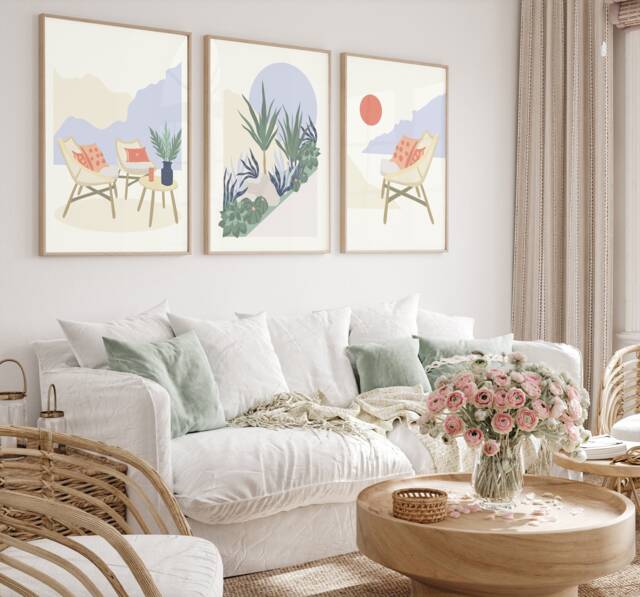 Neutral Wall Prints, Botanical Bedroom Flower Poster, Green, Beige Home Decor, Garden Art Cactus, Set Of 3 Prints - image 1
