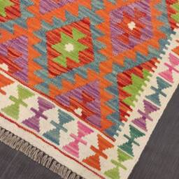 Multicolour Kilim Runner, Handmade Artisan Afghan Turkish Aztec Sheep Wool Runner Rug 194x69 cm - thumbnail 4