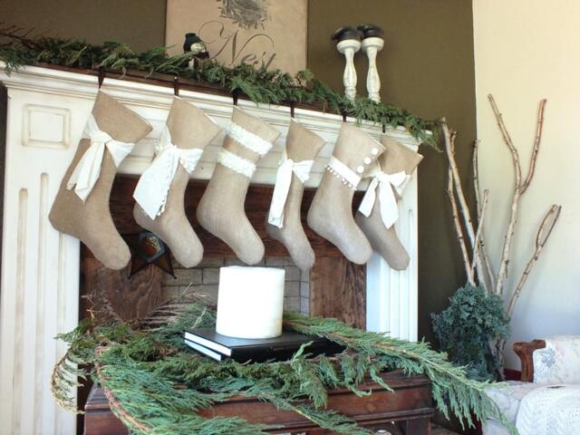 Burlap Stockings, Set Of 6 Stockings, Family Holiday Usa Made Name Christmas Tag Stockings - image 1