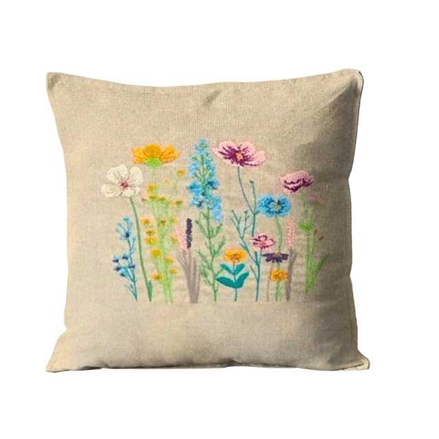 Embroidered Spring Wild Flowers Linen Cushion Cover, Throw Pillow Homeware Decor - image 1