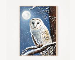 A5 A4 Original Art Print - Spiritual Spirit Guide Art Winter Owl Moon Fantasy Poster Whimsical - Woodlands