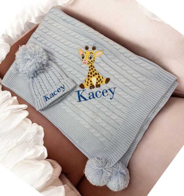 Personalised Baby Blanket & Hat Set, Knit Blanket, Embroidered Name Giraffe Design, Shower Gifts For New - image 1