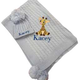 Personalised Baby Blanket & Hat Set, Knit Blanket, Embroidered Name Giraffe Design, Shower Gifts For New - thumbnail 2