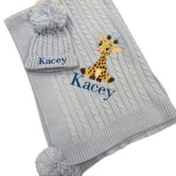 Personalised Baby Blanket & Hat Set, Knit Blanket, Embroidered Name Giraffe Design, Shower Gifts For New - thumbnail 3