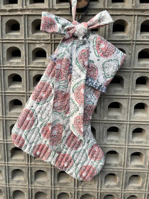 Handmade Quilted Christmas Stocking Pink & Green Floral Block Print - image 1