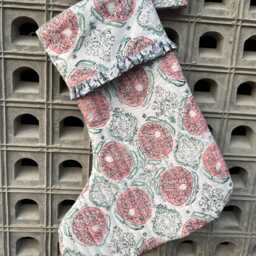 Handmade Quilted Christmas Stocking Pink & Green Floral Block Print - thumbnail 3