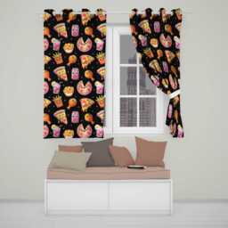 Cute Kawaii French Fries Black Background Seamless Pattern Readymade Eyelet Ring Top Thermal 100% Blackout Curtains