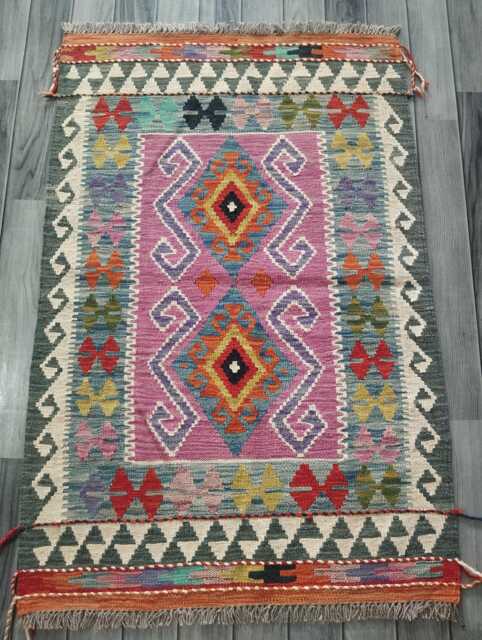 Kilim Rug Multicolour, Handmade Artisan Afghan Turkish Persian Rug, Navajo Moroccan Bohemian Flatweave, Natural Wool Dhurrie 123x79 cm - image 1