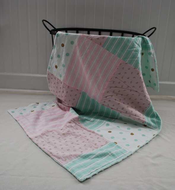 Mint, Pink & Gold Patchwork Baby Blanket - Neutral Girl Blanket, Mint Nursery, Nursery Decor - image 1