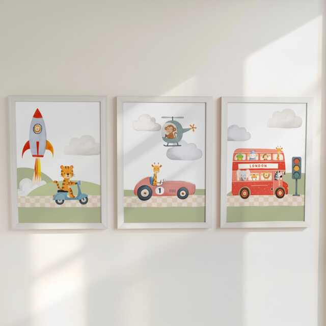 Transport Nursery Wall Art - Vehicle Prints Set Optional Frame Boys Bedroom Decor, Gift For Kid Room, Playroom Posters - image 1
