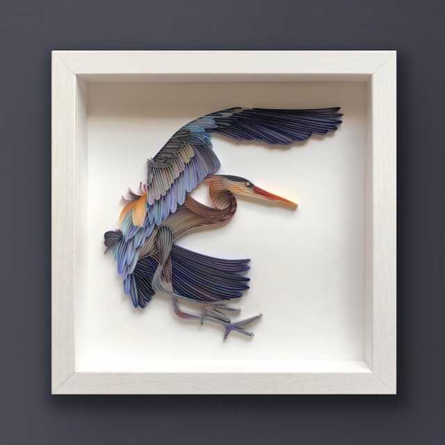 Quilled Bird, Great Blue Heron, 3D Framed Paper Art, Covered With Glass, Unique Gift For Anniversary, Wedding, Birthday - image 1