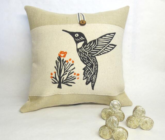 Hummingbird Pillow Cover Hand Block Print, Orange Floral Accent - image 1