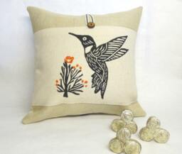 Hummingbird Pillow Cover Hand Block Print, Orange Floral Accent - thumbnail 1