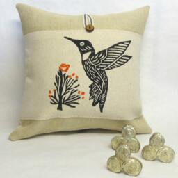 Hummingbird Pillow Cover Hand Block Print, Orange Floral Accent - thumbnail 2
