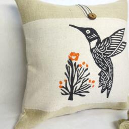 Hummingbird Pillow Cover Hand Block Print, Orange Floral Accent - thumbnail 3