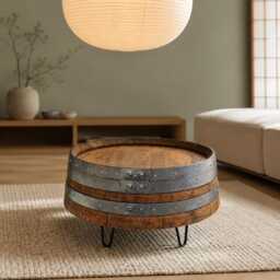 Whisky Barrel Coffee Table, Reclaimed Scottish Oak With Hairpin Legs, Handmade, Industrial Farmhouse - thumbnail 2