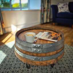Whisky Barrel Coffee Table, Reclaimed Scottish Oak With Hairpin Legs, Handmade, Industrial Farmhouse - thumbnail 1