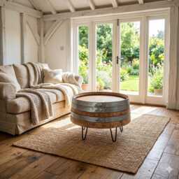 Whisky Barrel Coffee Table, Reclaimed Scottish Oak With Hairpin Legs, Handmade, Industrial Farmhouse - thumbnail 3