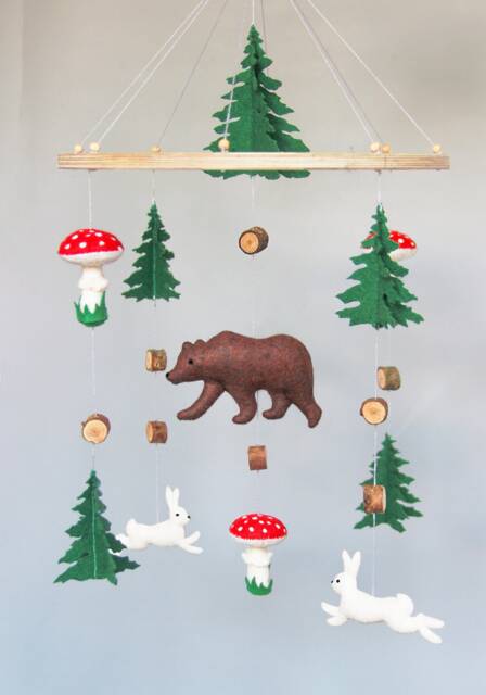 Baby Mobile Woodland - Mobile Baby With Bear, Bunnies & Mushrooms Nursery Neutral Crib Forest Hanging - image 1