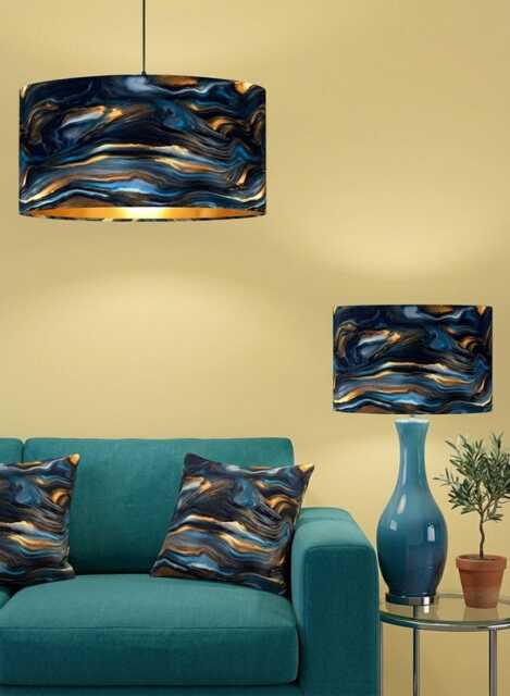 Handmade By Order Luxury Deep Blue & Gold Wave Marble Pattern On Velvet Drum Lamp Shade Pendant Light All Shapes Sizes Avai - image 1