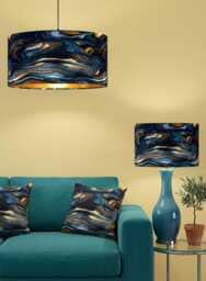 Handmade By Order Luxury Deep Blue & Gold Wave Marble Pattern On Velvet Drum Lamp Shade Pendant Light All Shapes Sizes Avai - thumbnail 1